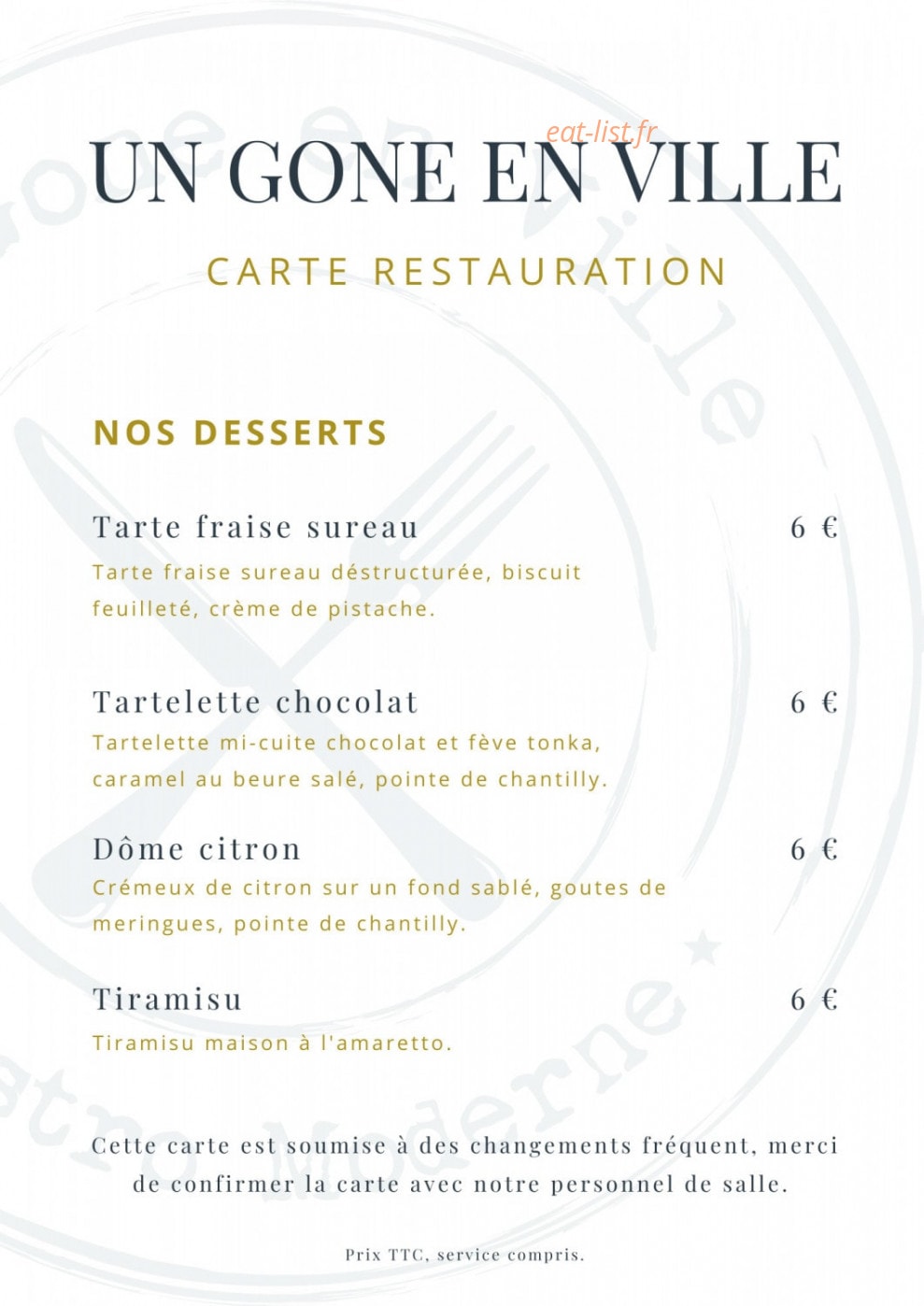 Carte et menu de Un Gone en ville à Neuville sur Saone — Les desserts