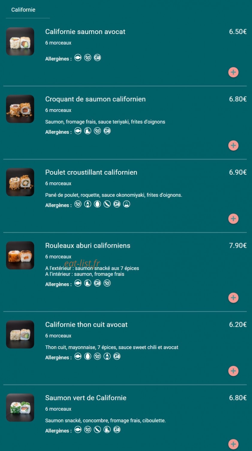 Carte et menu de Toa sushi à Charbonnieres les Bains — Californie