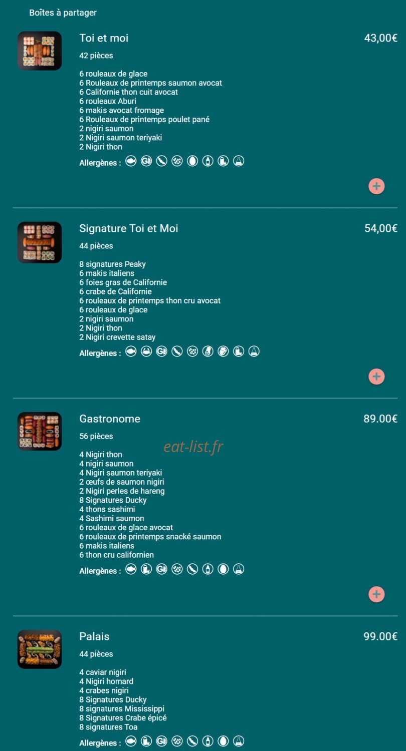 Carte et menu de Toa sushi à Charbonnieres les Bains — Boîtes à partager