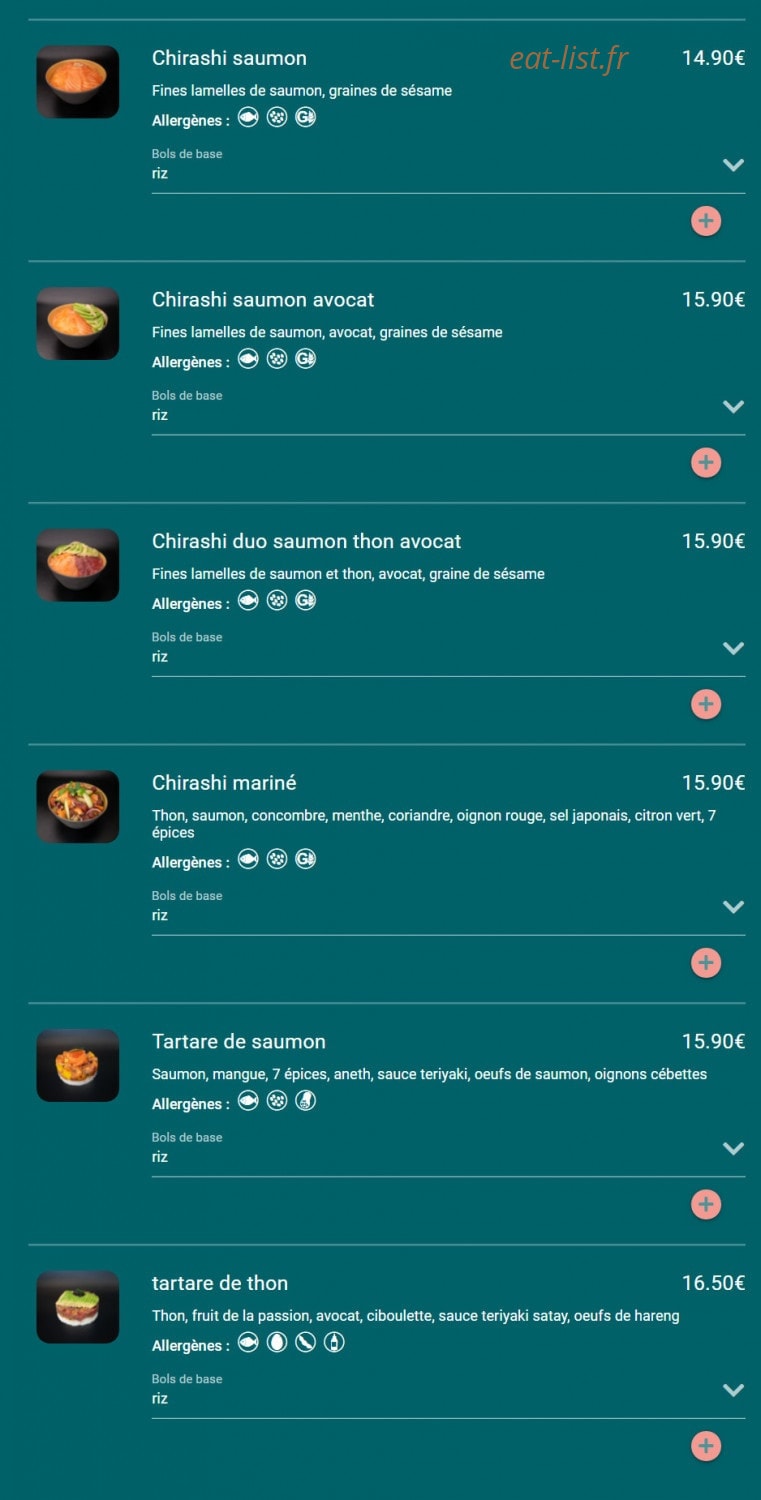 Carte et menu de Toa sushi à Charbonnieres les Bains — Bols chirashi tartares suite