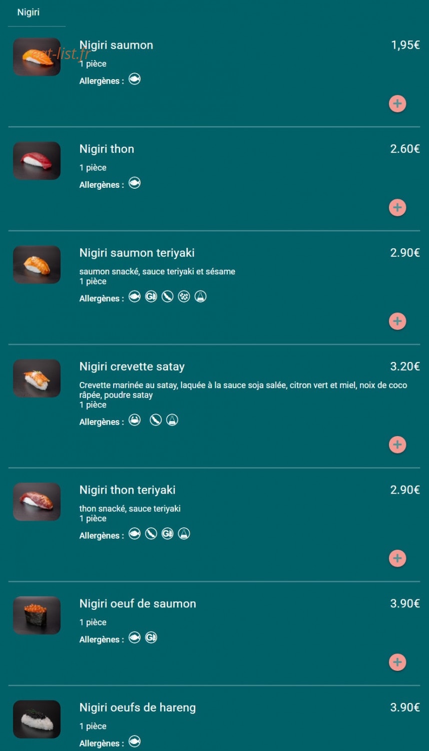 Carte et menu de Toa sushi à Charbonnieres les Bains — Nigiri