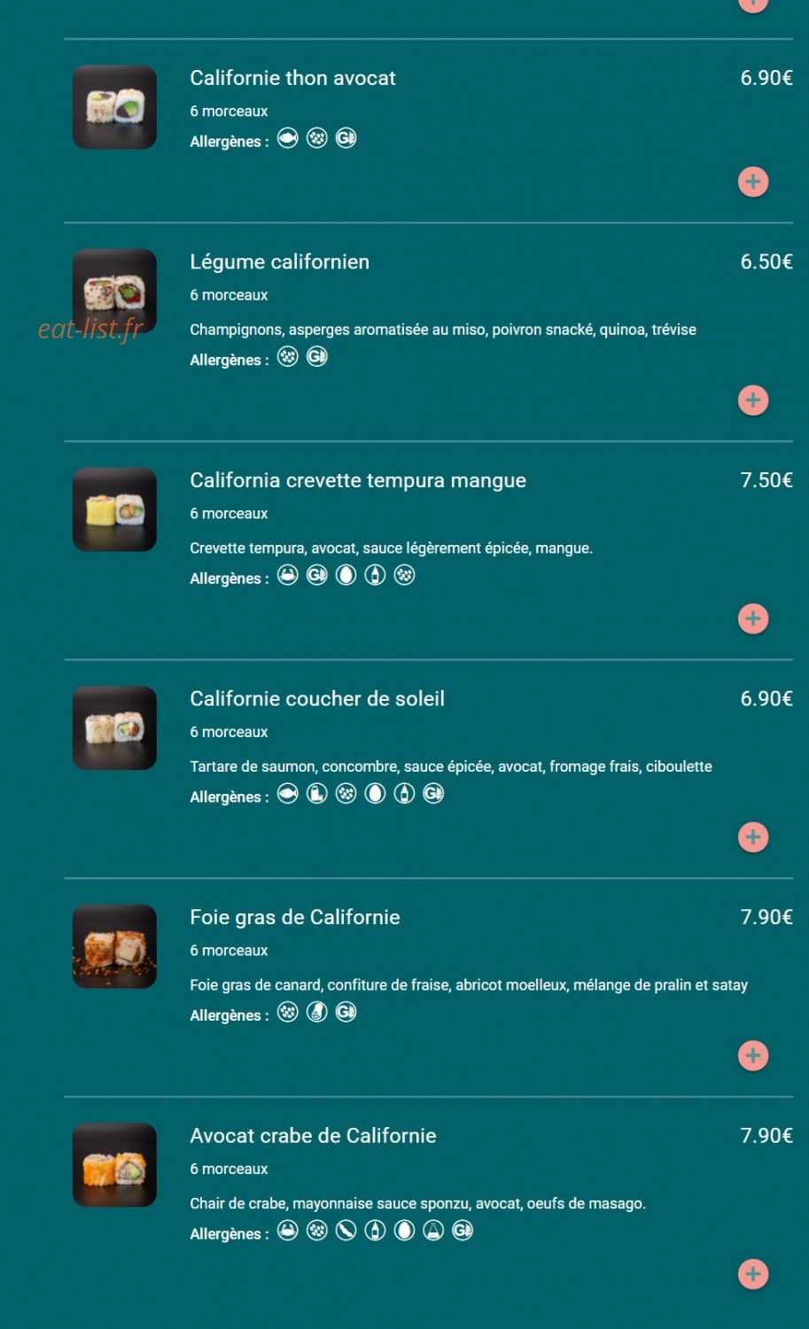 Carte et menu de Toa sushi à Charbonnieres les Bains — Californie suite
