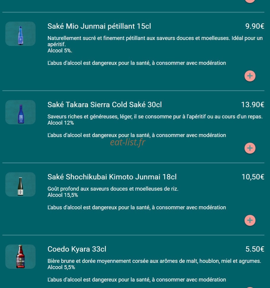 Carte et menu de Toa sushi à Charbonnieres les Bains — Alcools suite