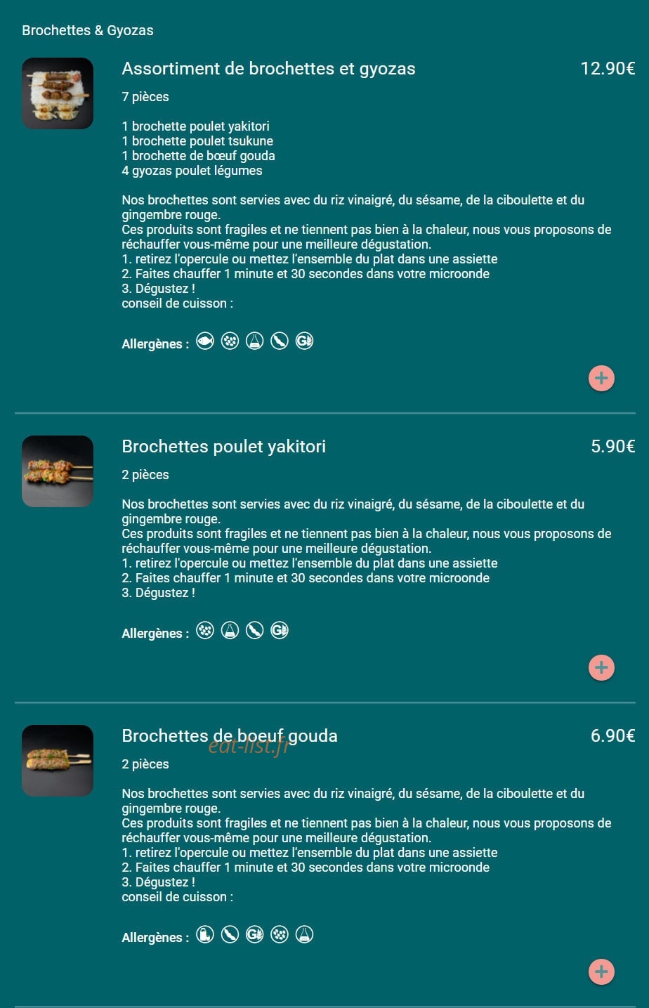 Carte et menu de Toa sushi à Charbonnieres les Bains — Brochettes et gyozas