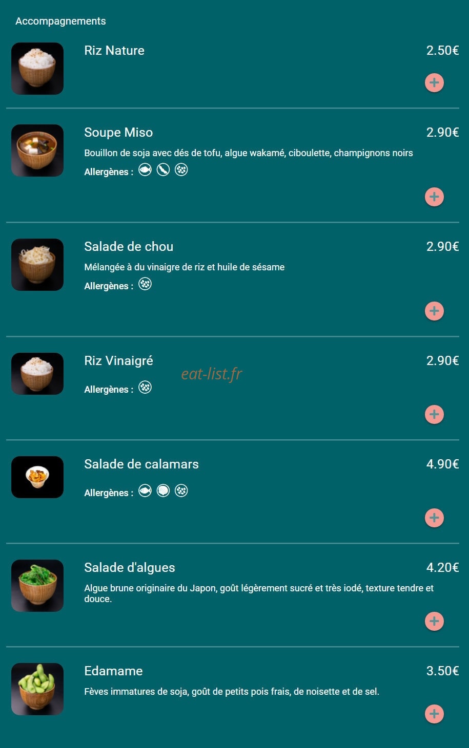 Carte et menu de Toa sushi à Charbonnieres les Bains — Accompagnements
