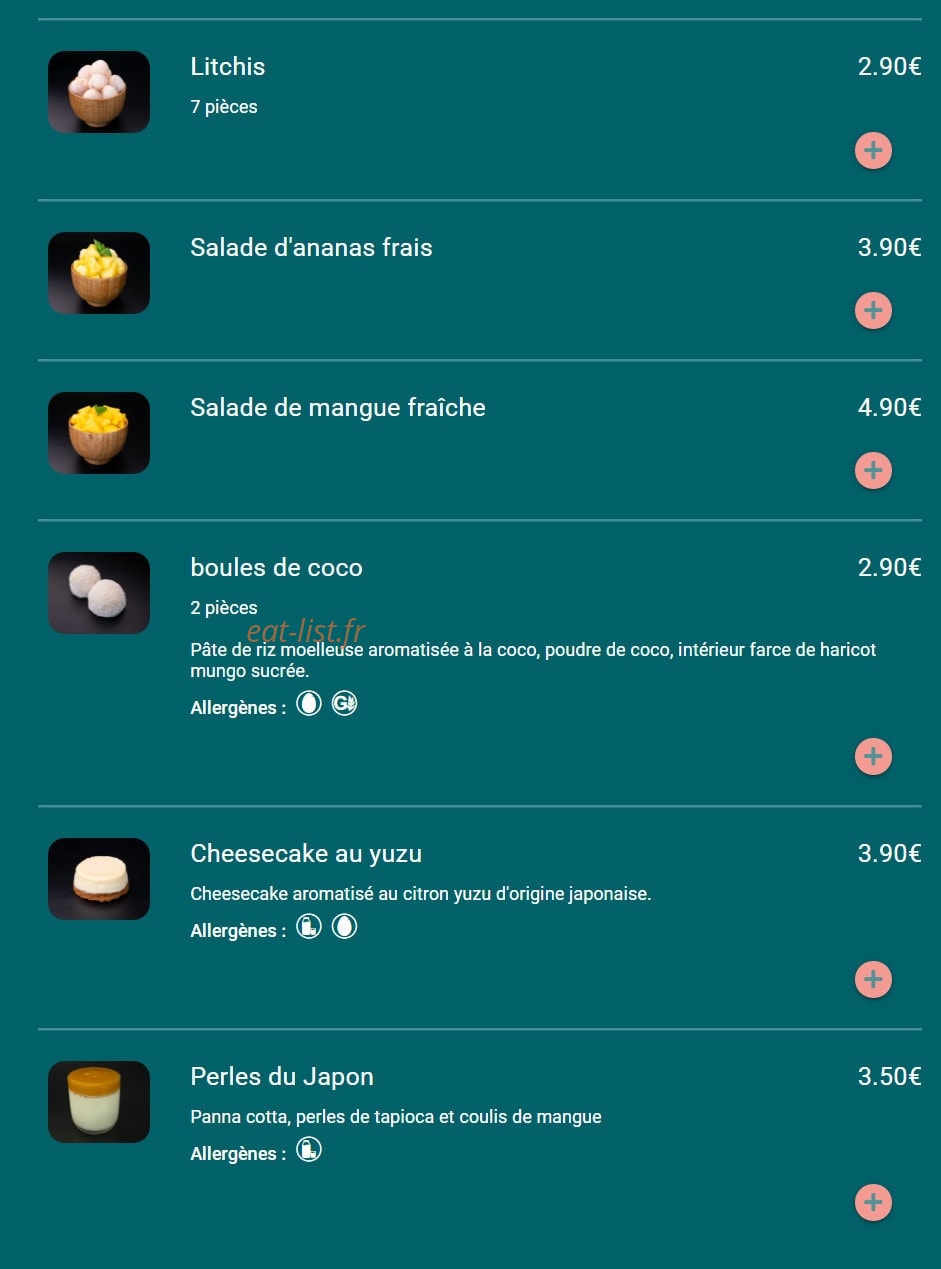 Carte et menu de Toa sushi à Charbonnieres les Bains — Desserts suite