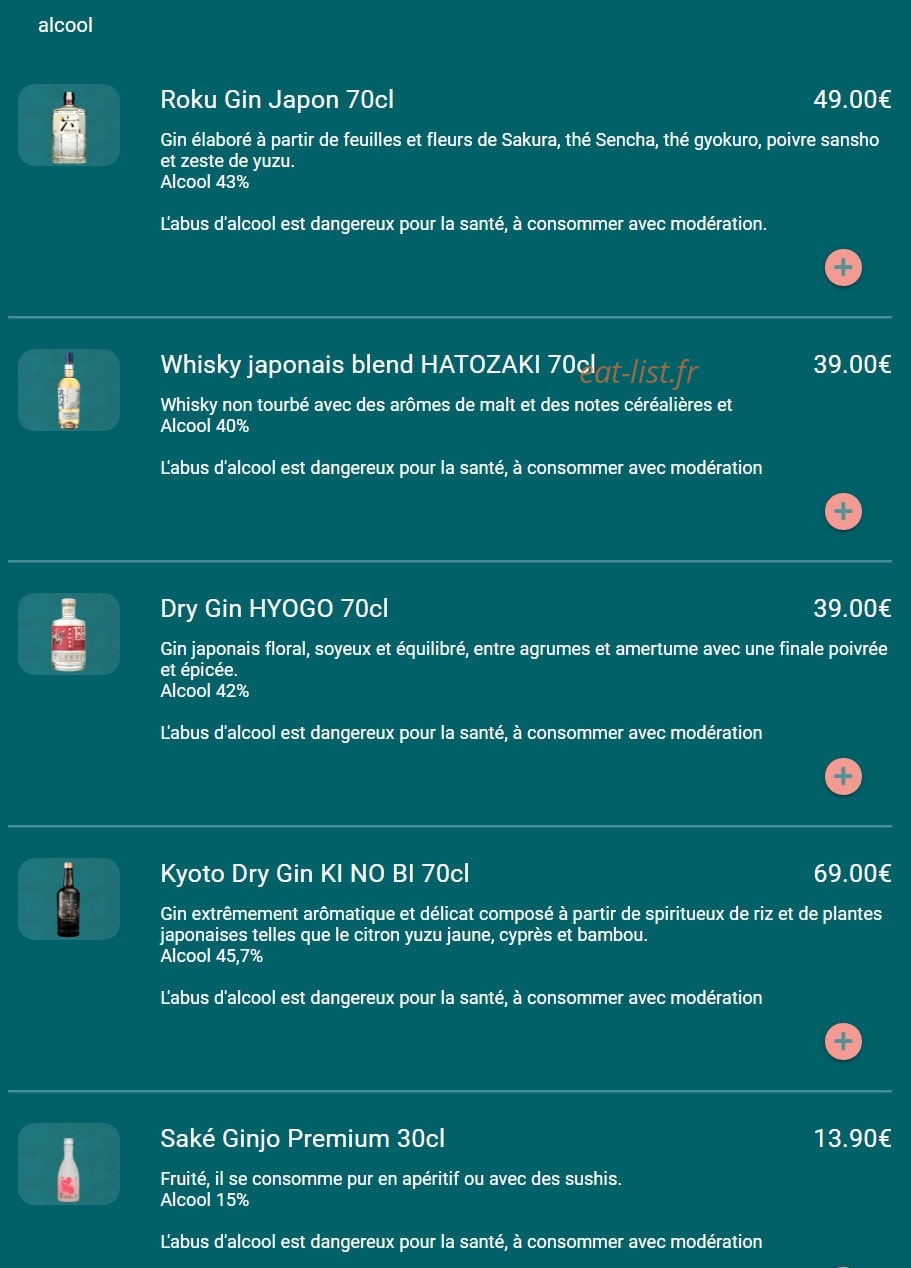 Carte et menu de Toa sushi à Charbonnieres les Bains — Alcools