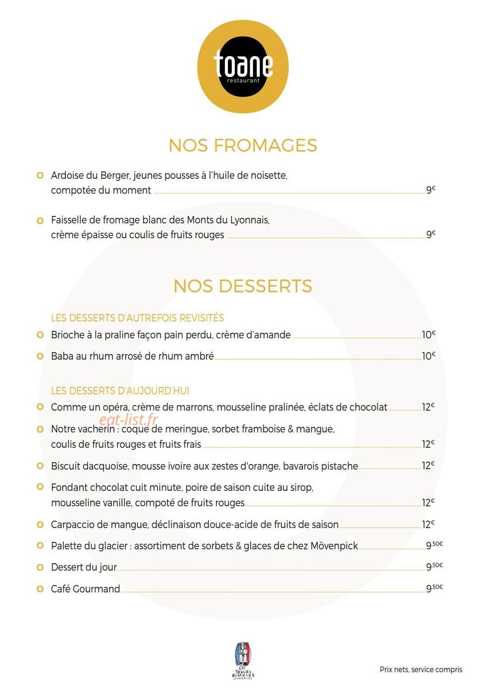 Toane Restaurant — carte page 13