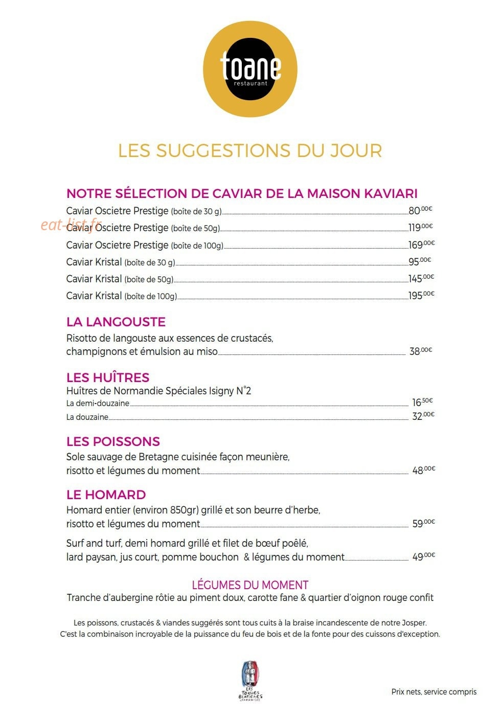 Toane Restaurant — carte page 3