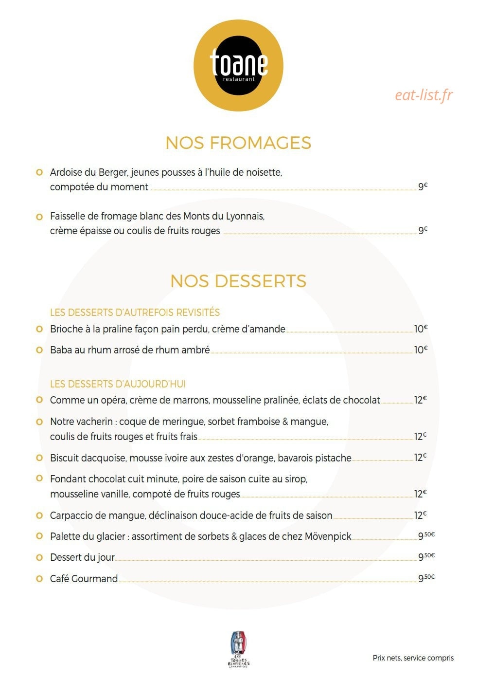 Toane Restaurant — carte page 14
