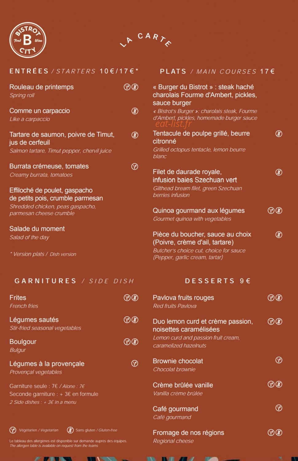 Bistrot City — carte page 1