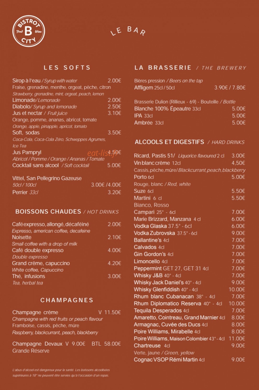 Bistrot City — carte page 2