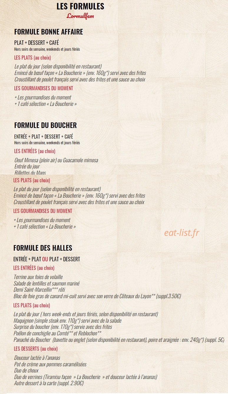 Carte et menu de La Boucherie à Caluire et Cuire — Les formules