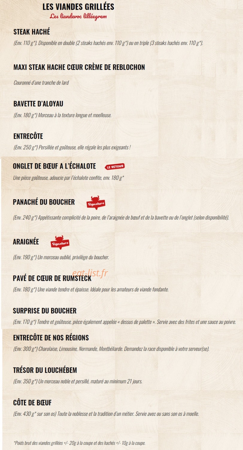 Carte et menu de La Boucherie à Caluire et Cuire — Les viandes grillées