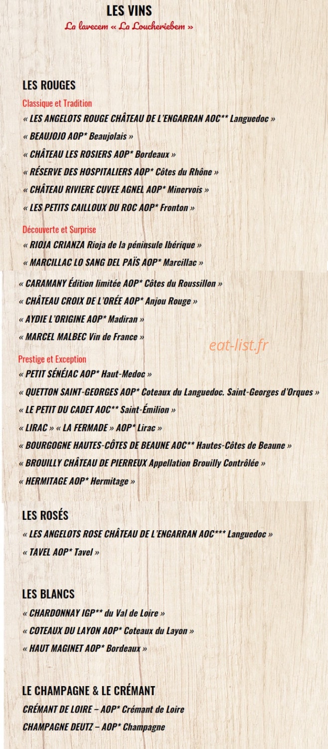 Carte et menu de La Boucherie à Caluire et Cuire — Les vins