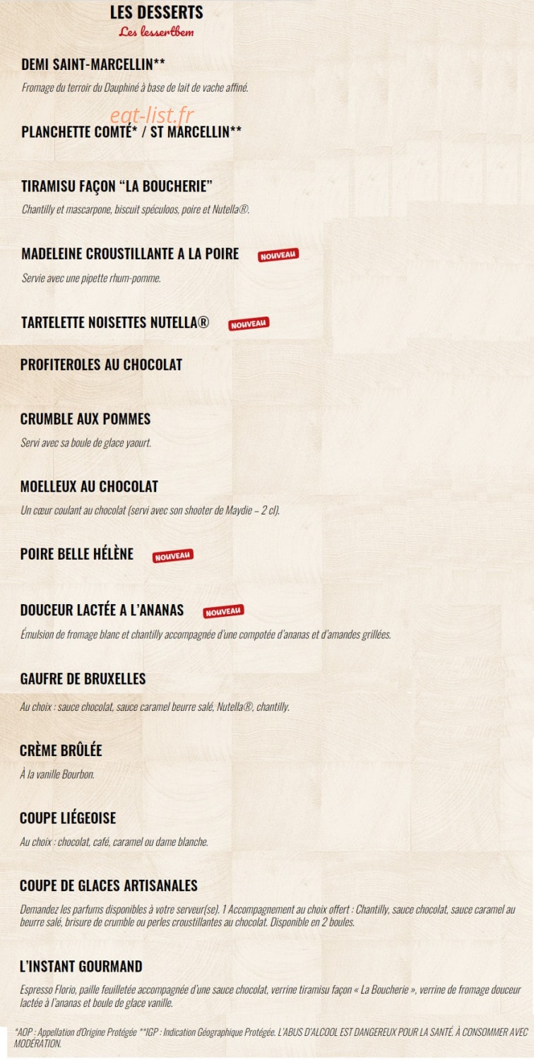 Carte et menu de La Boucherie à Caluire et Cuire — Les desserts