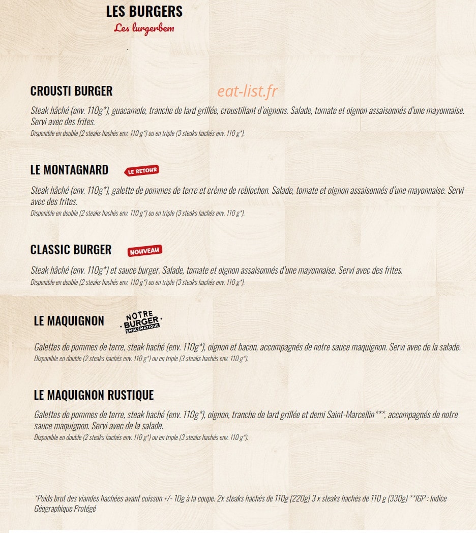 Carte et menu de La Boucherie à Caluire et Cuire — Les burgers