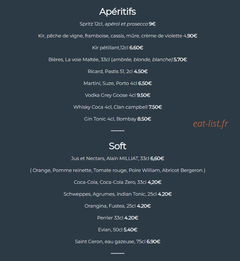 Carte et menu de Le boissonnier à Caluire et Cuire — Les apéritifs et softs