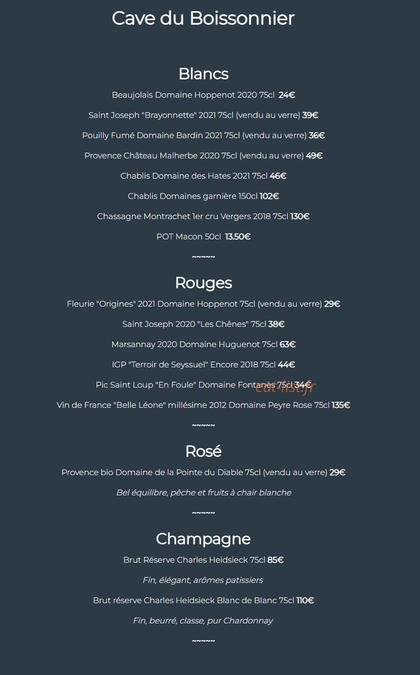 Carte et menu de Le boissonnier à Caluire et Cuire — Les vins et champagnes