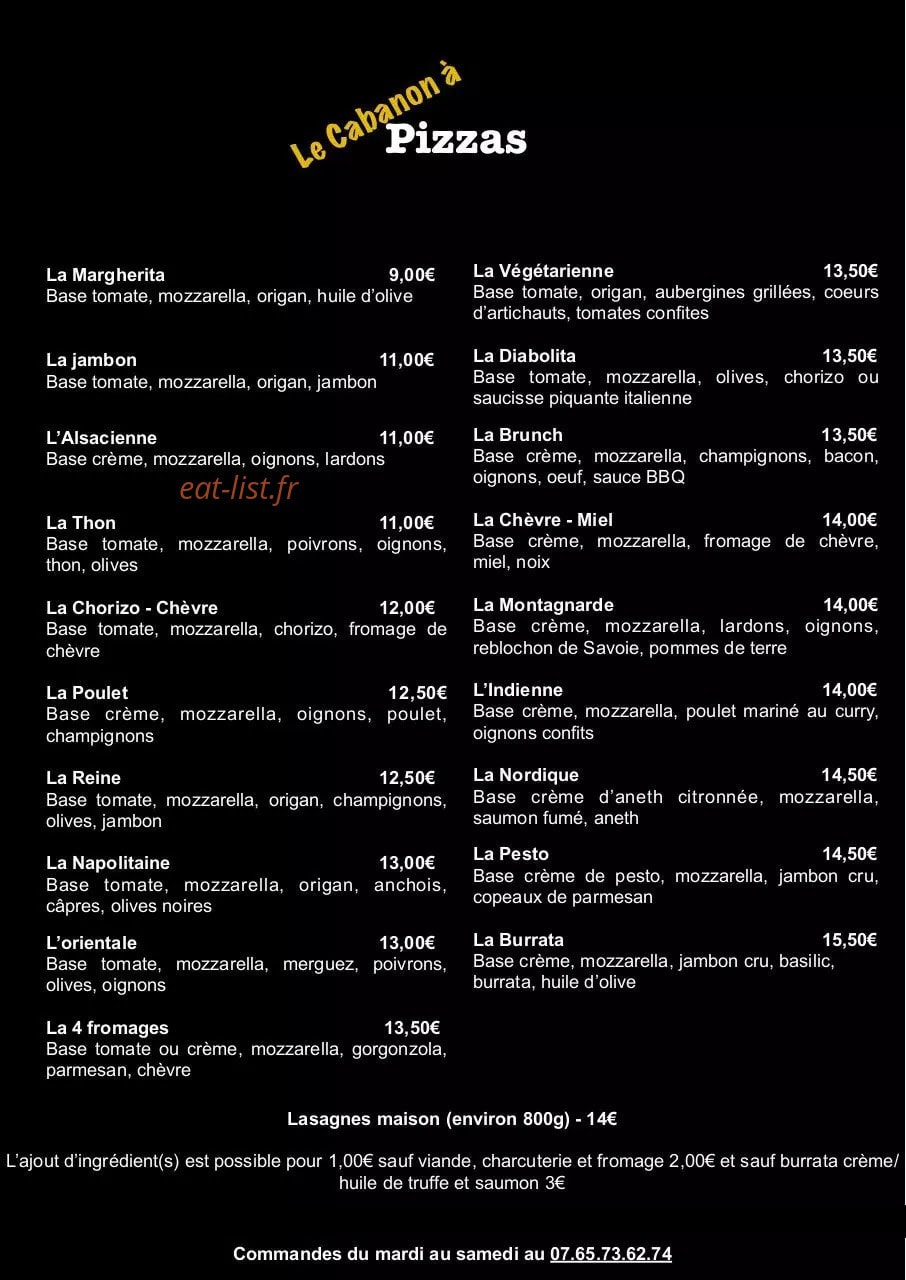 Le Cabanon à Pizzas — carte page 1