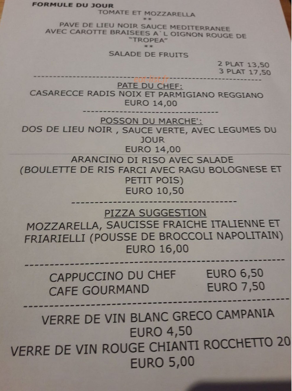 Carte et menu de Parmigianino à Caluire et Cuire — Les formules