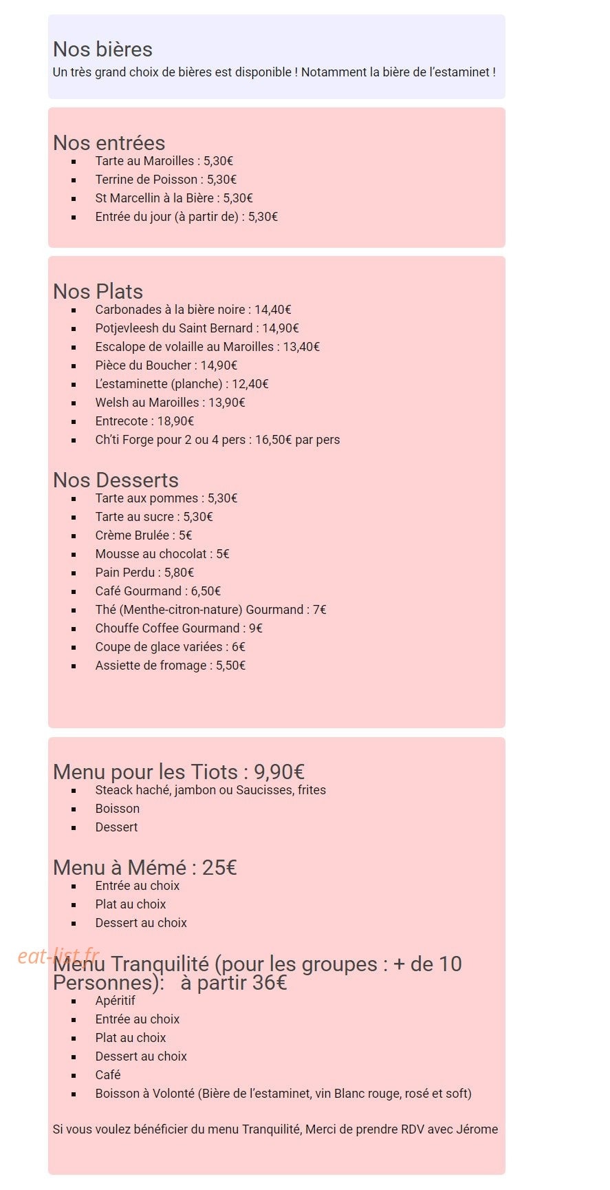 Estaminet Au Saint Bernard — carte page 1