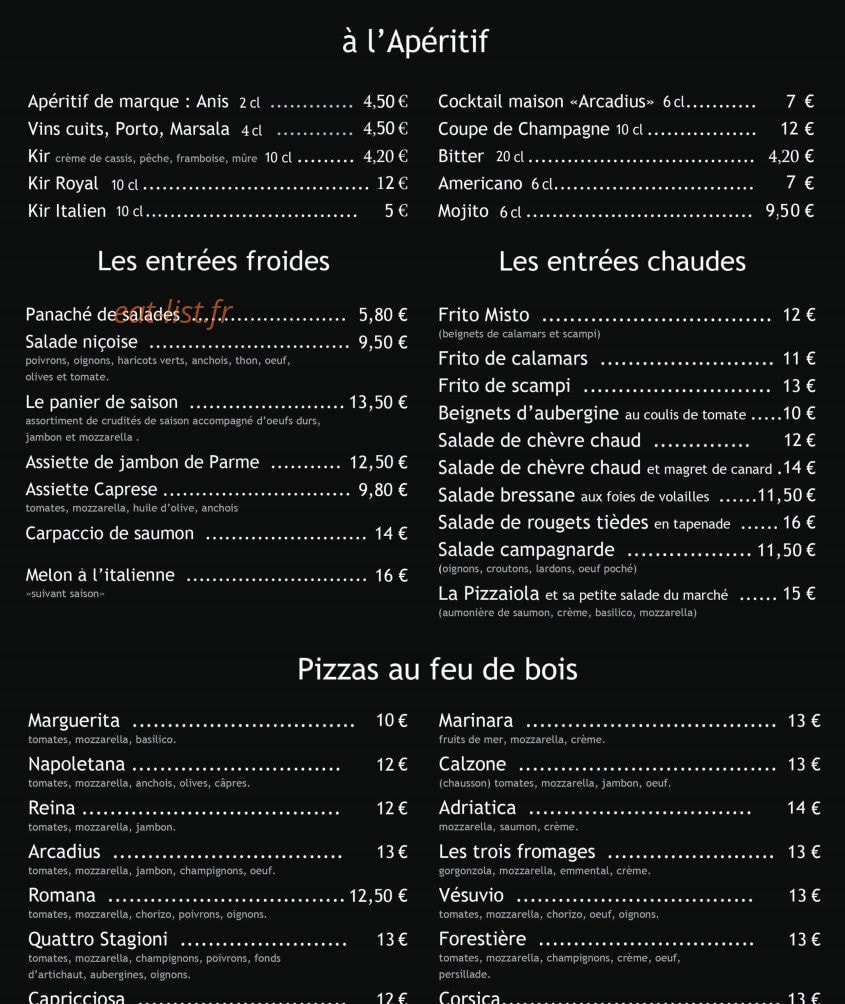 Arcadius pizzeria — carte page 2