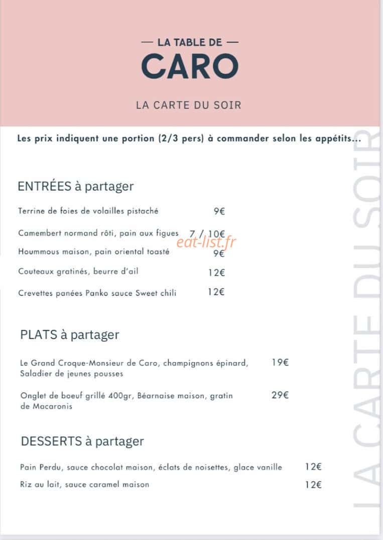 La Table de Caro — carte page 1