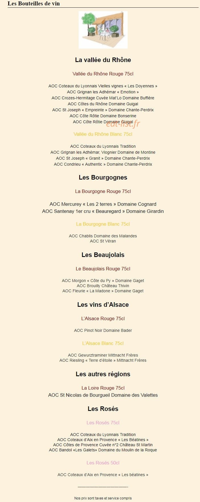 Carte et menu de L'atelier du Louvre à Saint Symphorien d'Ozon — Bouteilles de vin