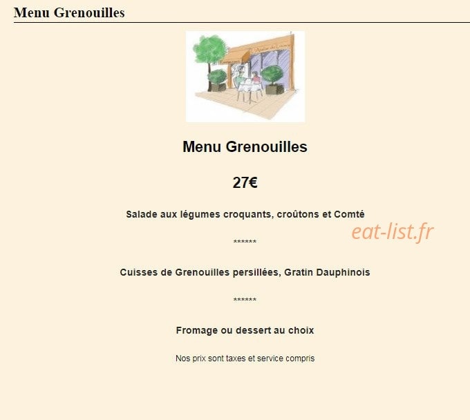 Carte et menu de L'atelier du Louvre à Saint Symphorien d'Ozon — Menu grenouilles