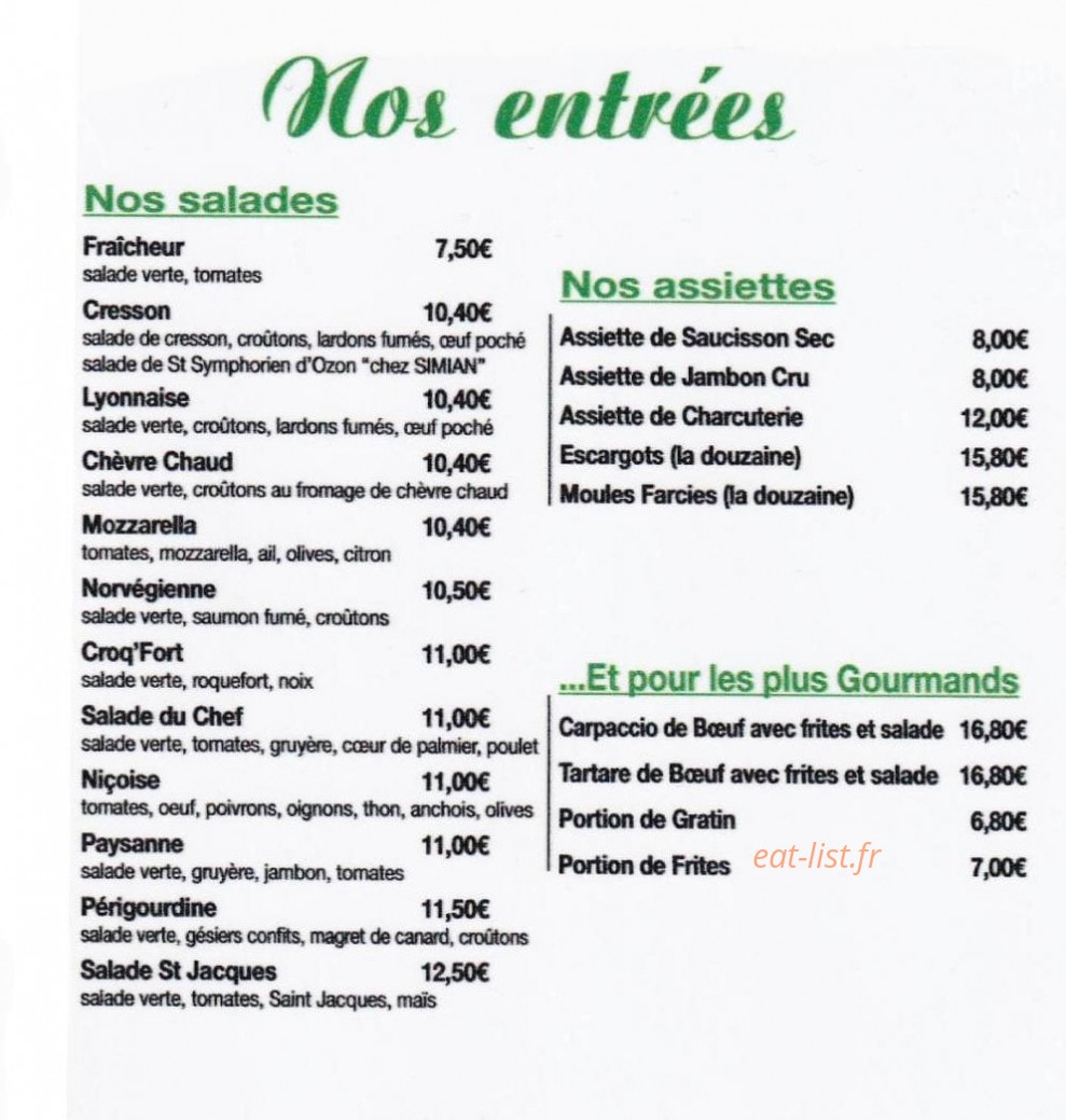 Carte et menu de Pizzeria Sauveur à Saint Symphorien d'Ozon — entrées