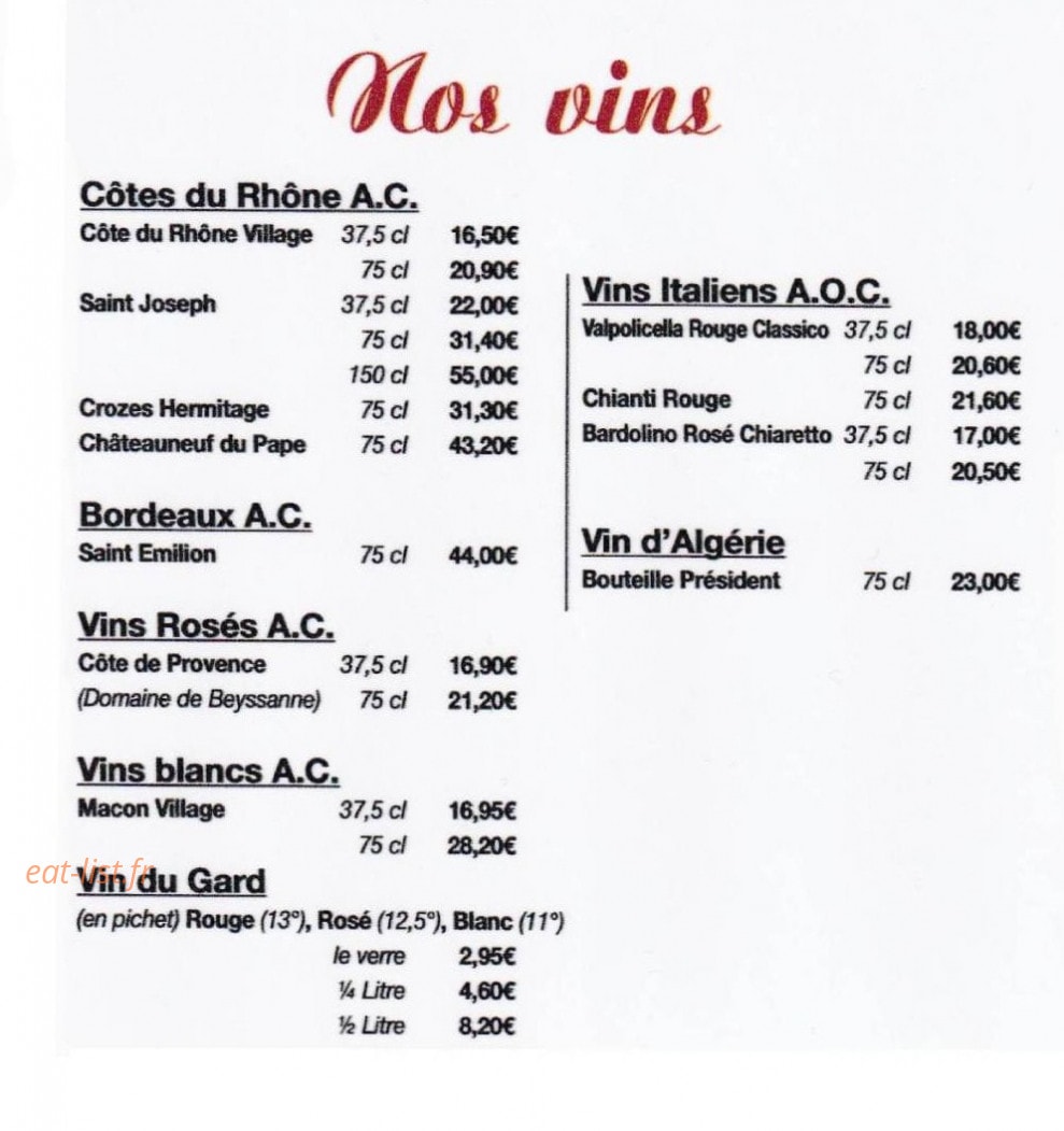 Carte et menu de Pizzeria Sauveur à Saint Symphorien d'Ozon — boissons