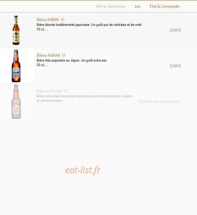 Carte et menu de L'instant Sushi à Serezin du Rhone — Les bières japonaises