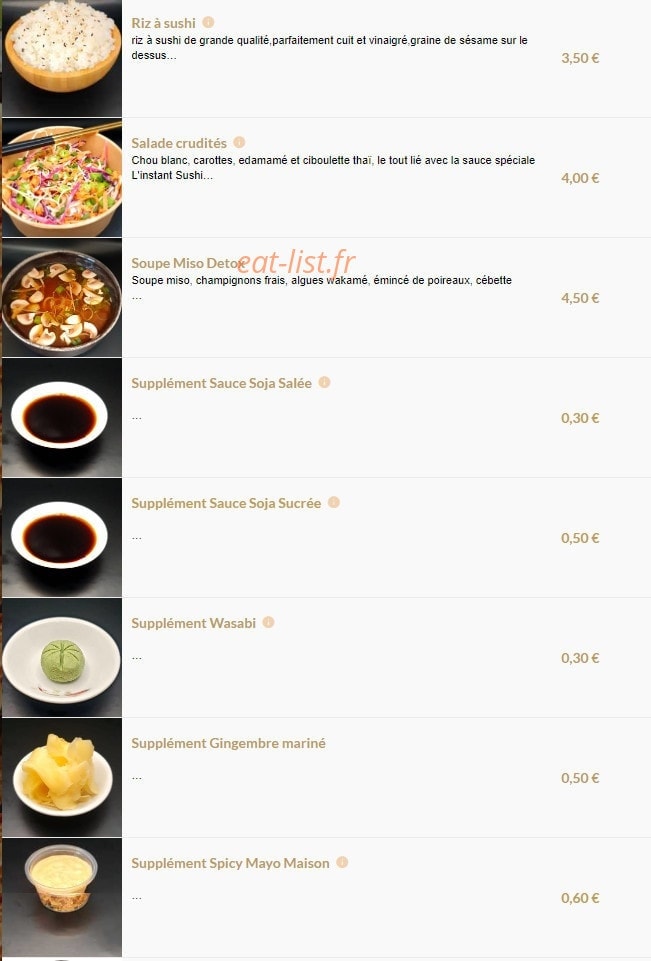 Carte et menu de L'instant Sushi à Serezin du Rhone — Les accompagnements & petits plus