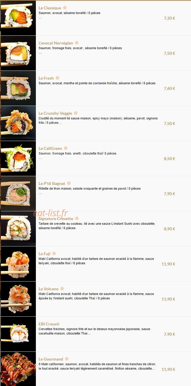 Carte et menu de L'instant Sushi à Serezin du Rhone — Les makis californiens