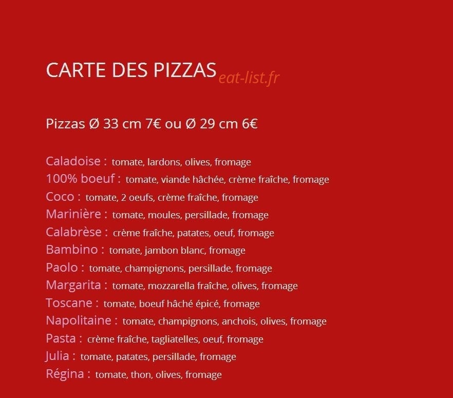Régal Pizzas — carte page 1
