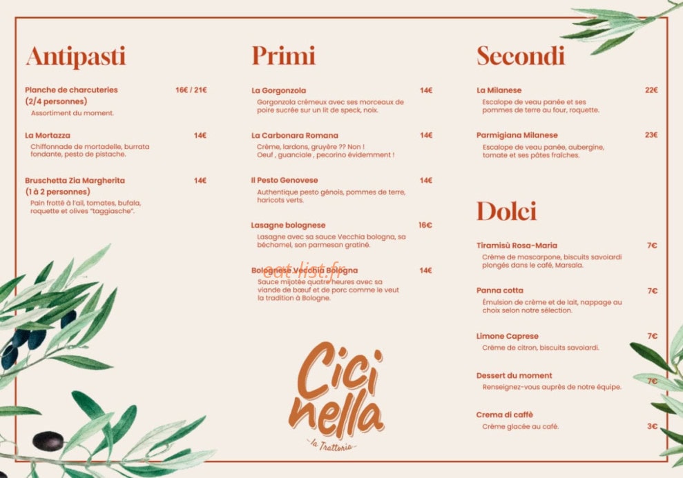 Carte et menu de Cicinella Trattoria à Porte des Pierres Dorées — Les antipasti, primi, ...