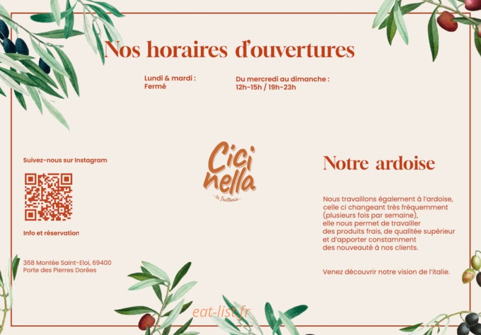 Carte et menu de Cicinella Trattoria à Porte des Pierres Dorées — Les informations