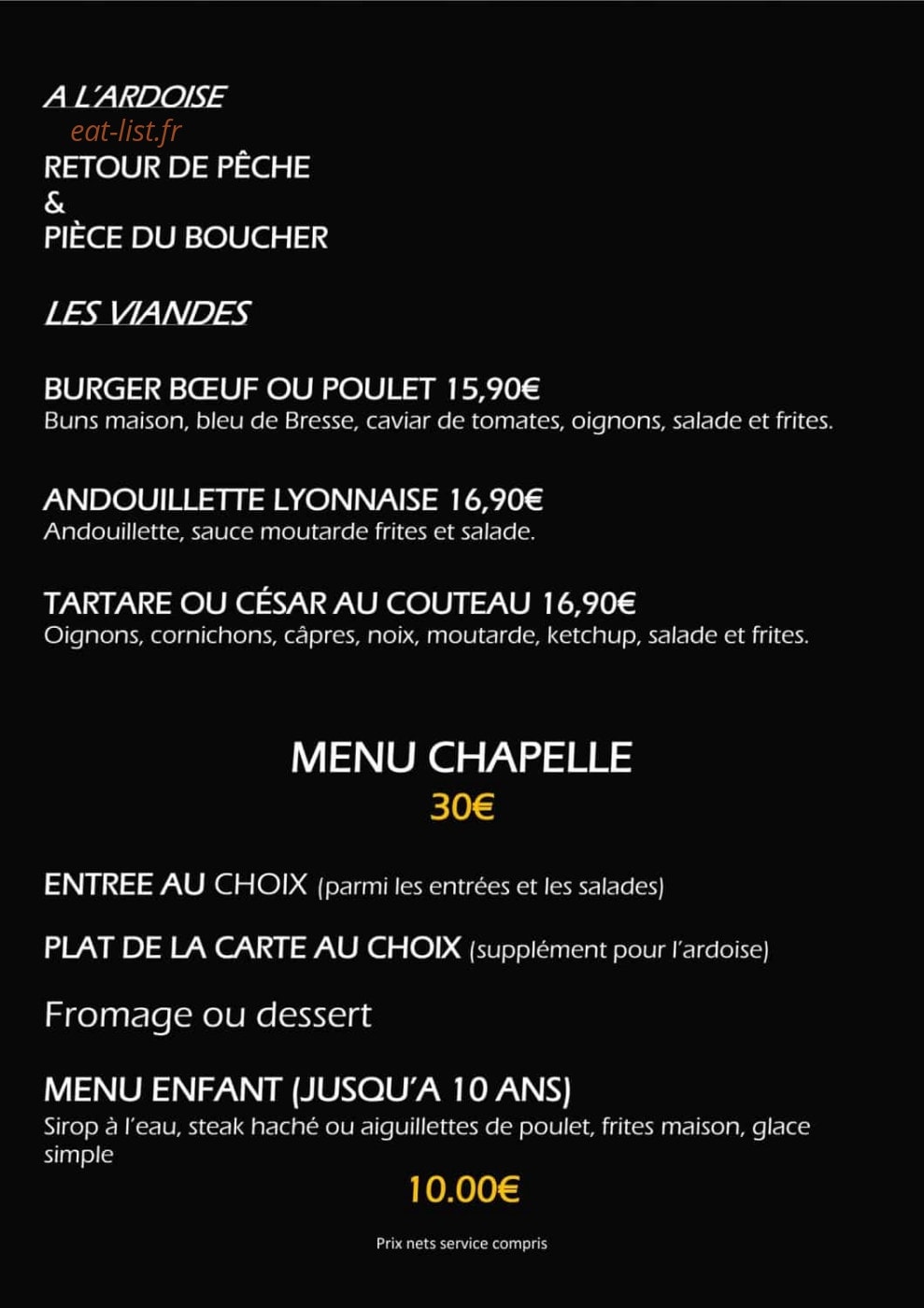Carte et menu de Brasserie La Chapelle à Villefranche sur Saone — les viandes et menu chapelle 30e