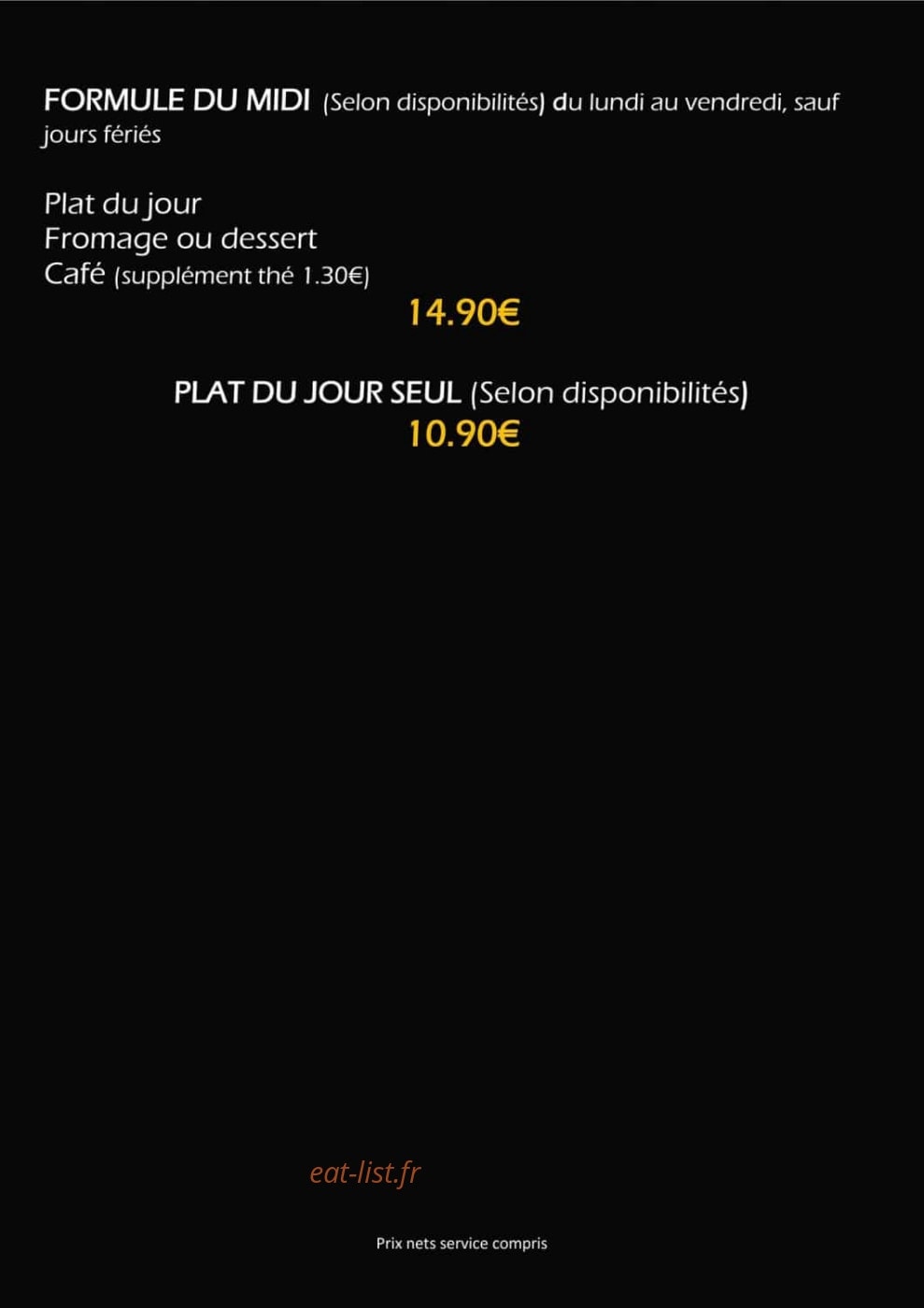 Carte et menu de Brasserie La Chapelle à Villefranche sur Saone — formule du midi