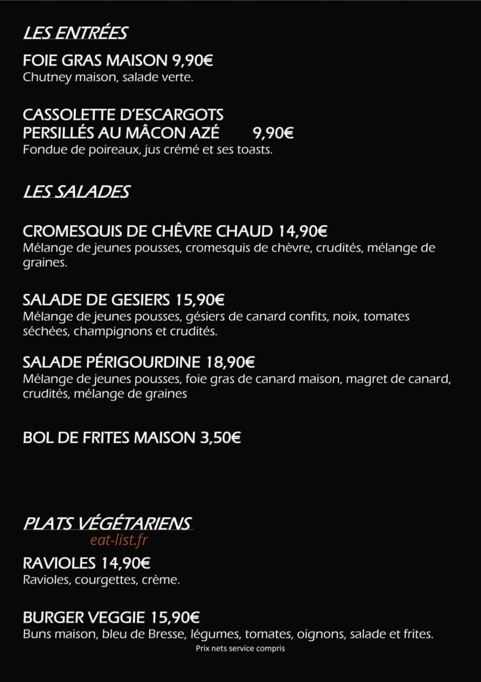 Carte et menu de Brasserie La Chapelle à Villefranche sur Saone — les entrées et salades, plats végétariens