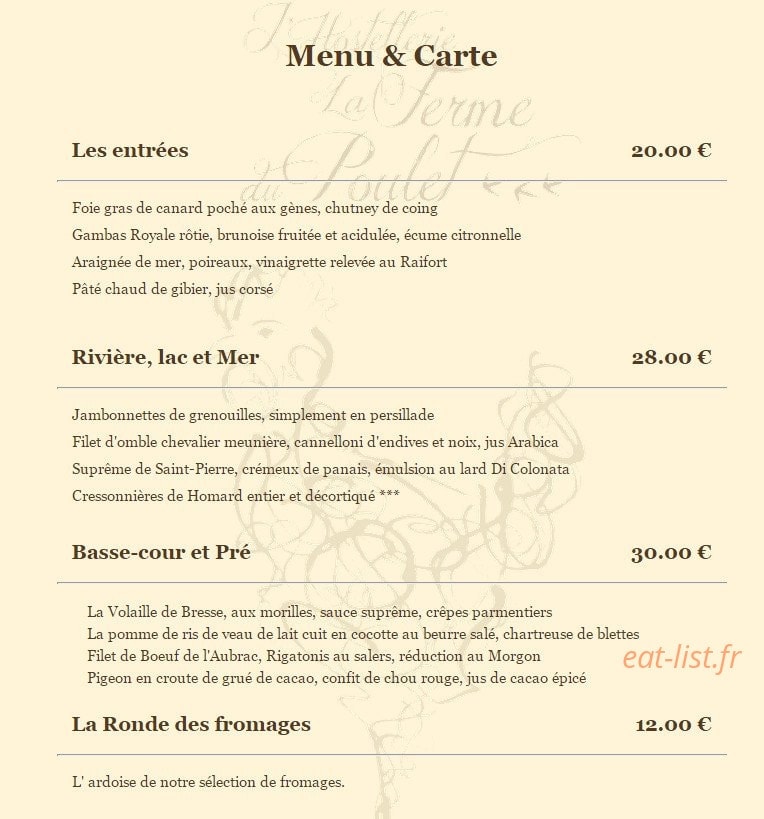 Carte et menu de L'Hostellerie Le Ferme du Poulet à Villefranche sur Saone — Les entrées, rivière, lac et mer,......