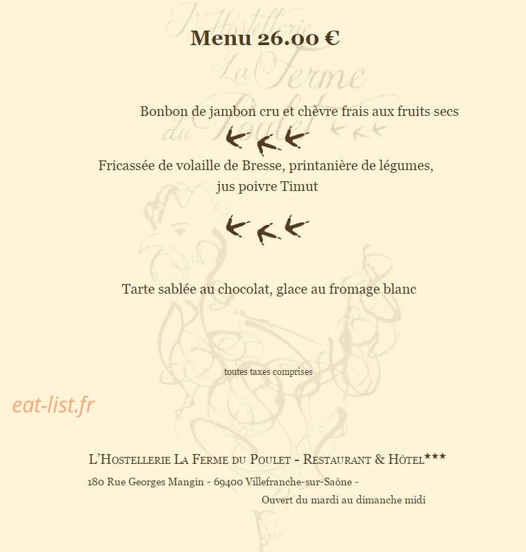 Carte et menu de L'Hostellerie Le Ferme du Poulet à Villefranche sur Saone — Le menu du marché