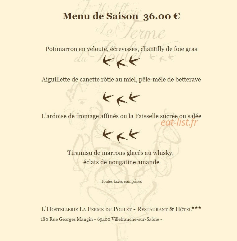 Carte et menu de L'Hostellerie Le Ferme du Poulet à Villefranche sur Saone — Le menu saison