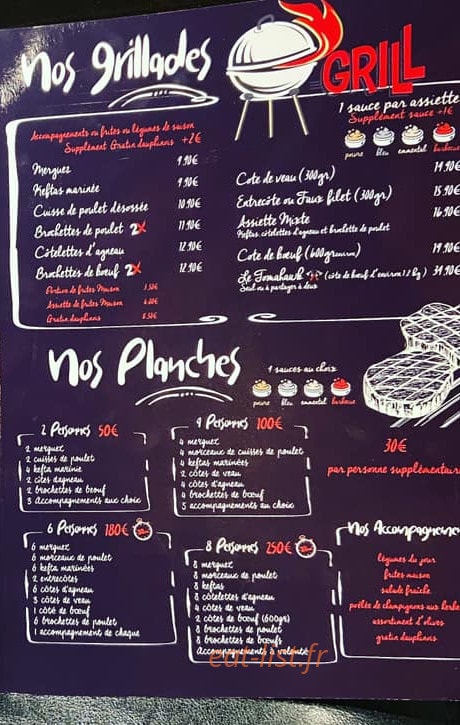 Carte et menu de Le comptoir du grill à Villefranche sur Saone — Les grillades, planches, ...