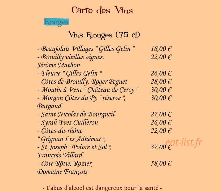 Carte et menu de Le Rive Gauche à Beauregard à Villefranche sur Saone — Vins rouges