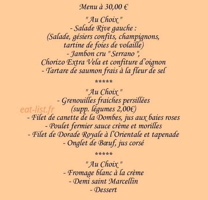 Carte et menu de Le Rive Gauche à Beauregard à Villefranche sur Saone — Menu à 30€