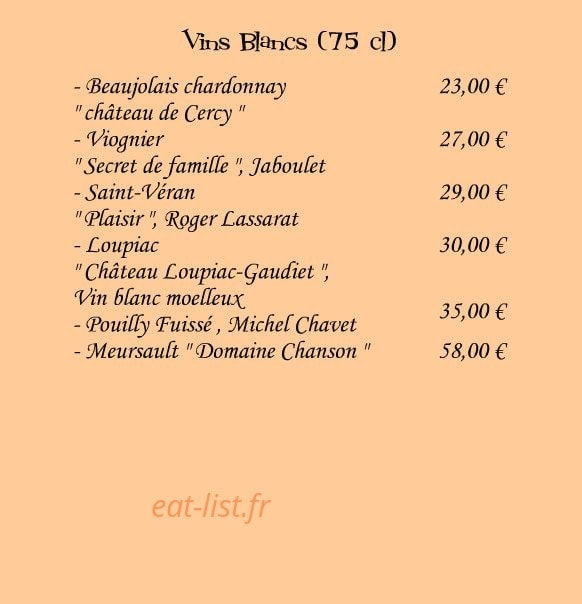 Carte et menu de Le Rive Gauche à Beauregard à Villefranche sur Saone — Vins blancs