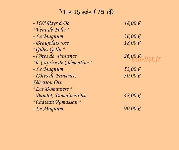 Carte et menu de Le Rive Gauche à Beauregard à Villefranche sur Saone — Vins rosés