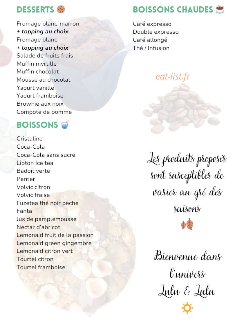 Carte et menu de Lulu & Lulu à Villefranche sur Saone — Les desserts, boissons et boissons chaudes